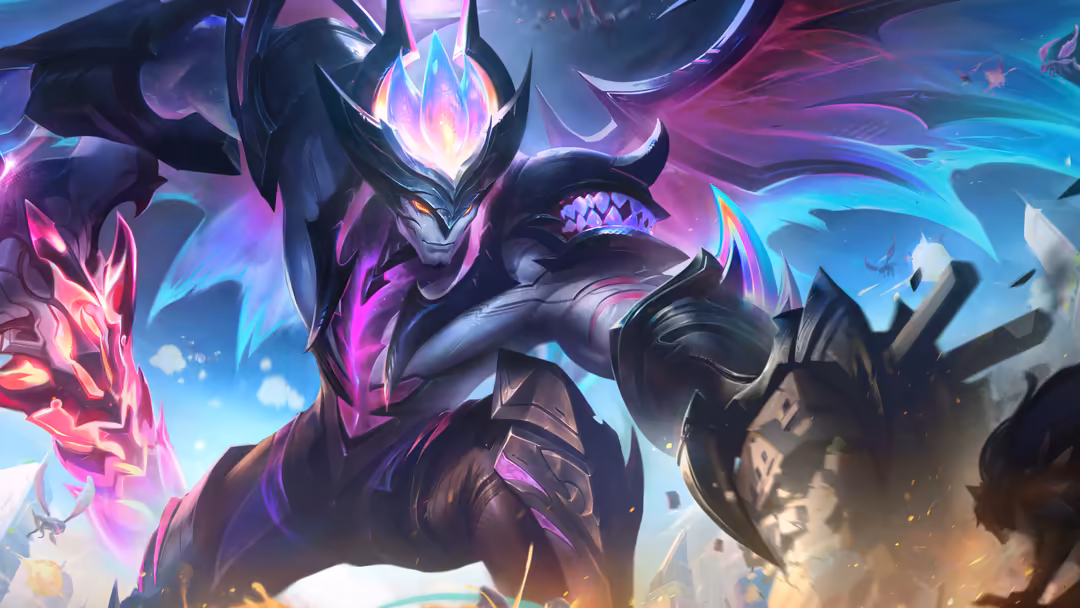 Dark fantasy character with glowing neon purple and cyan armor, horned helmet, and magical aura in mystical battle setting
