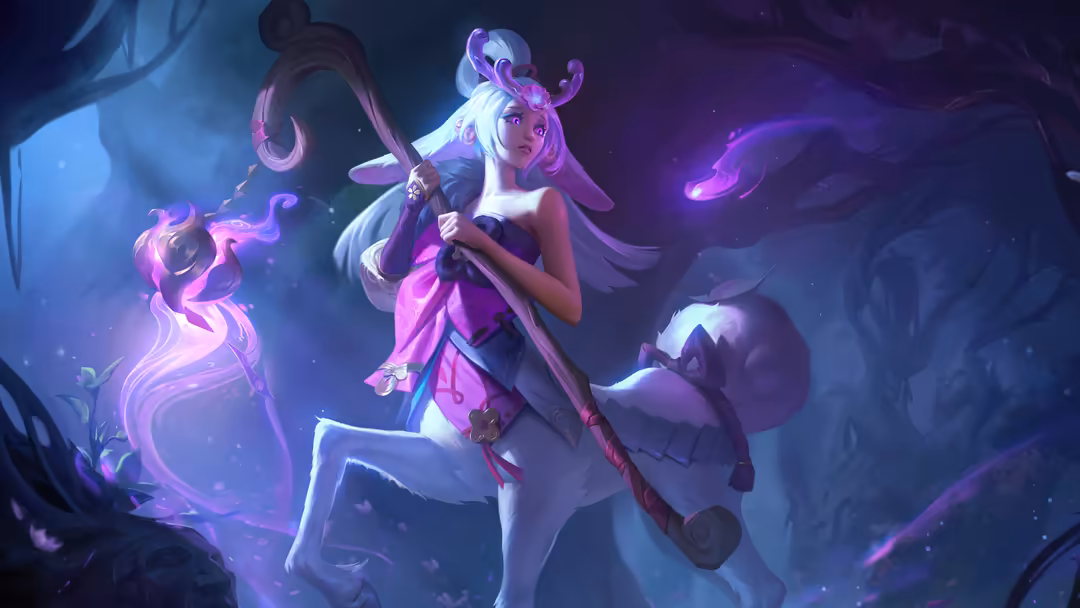Ethereal female character with white hair and purple horns holding a magical staff, surrounded by glowing purple energy and m