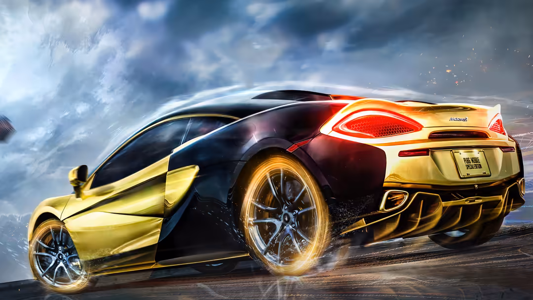 Sleek golden sports car with open door in dynamic motion against stormy sky with dramatic lighting effects and particle spray
