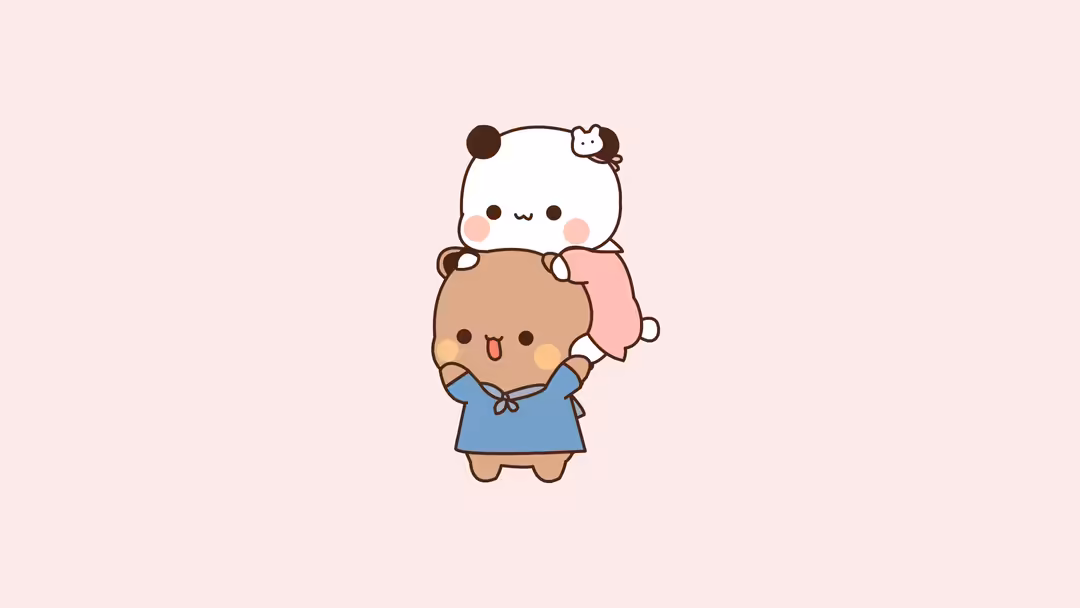 cute cartoon characters with round shapes stacked together wearing blue and pink clothing against a soft pastel pink…