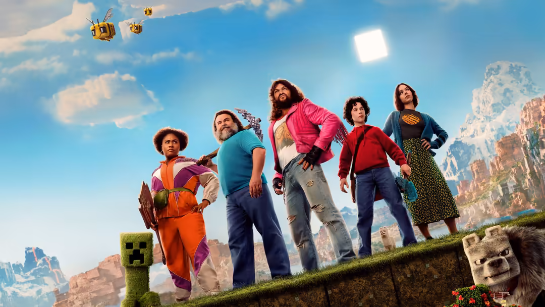 Group of diverse people posed heroically on blocky Minecraft-style terrain with grass blocks, cubic creatures, and mountainou