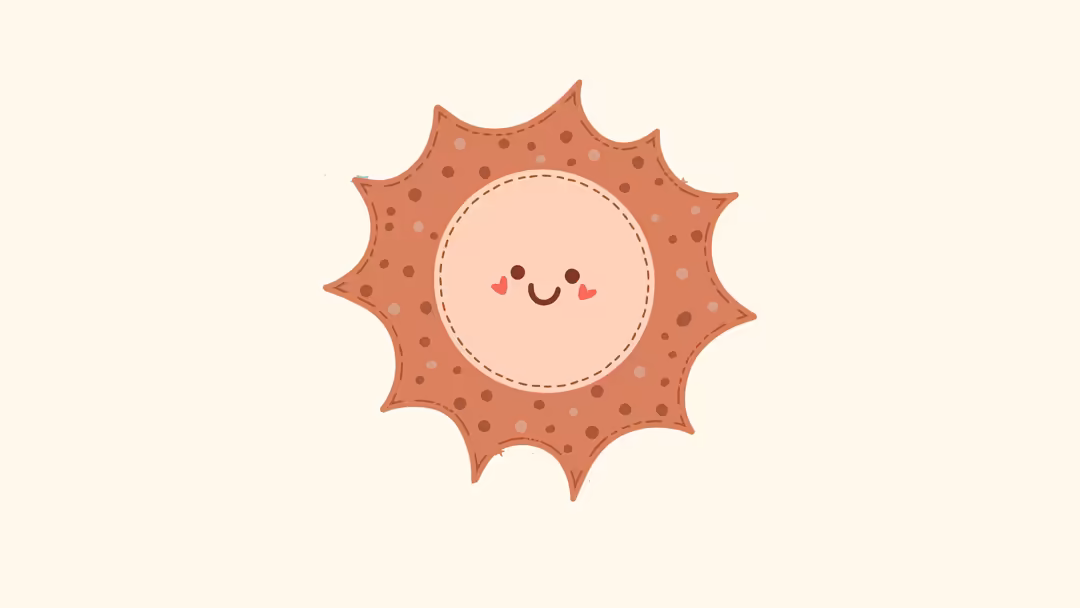 Cute smiling sun character with heart eyes and rosy cheeks surrounded by polka-dotted rays on a warm cream background