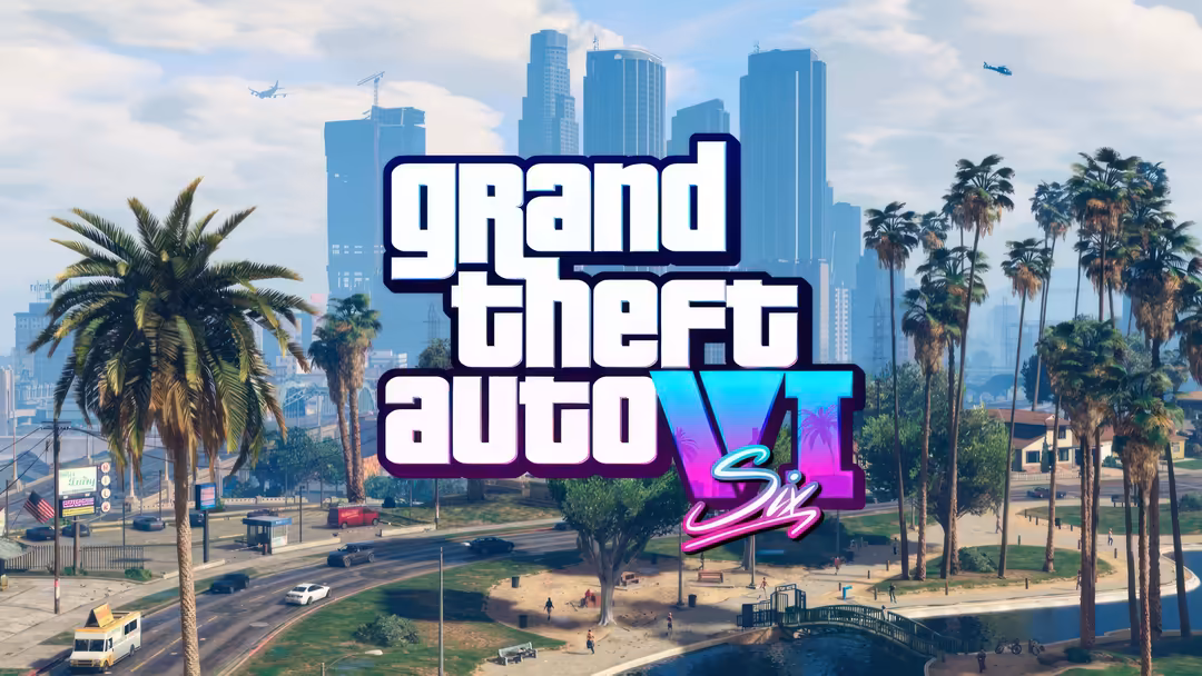 GTA VI neon logo overlaid on vibrant cityscape with palm trees, modern skyscrapers, and sunny afternoon sky