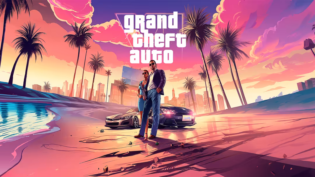GTA VI promotional art featuring two characters standing before luxury sports cars with neon pink sunset, palm trees, and fut