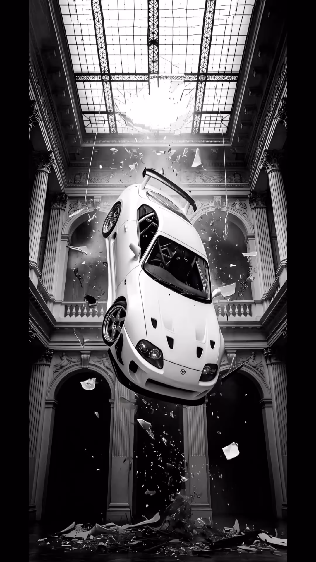 White Sports Car Crashing Palace — supercars phone wallpaper in Full HD