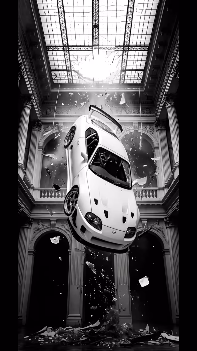 White Sports Car Crashing Palace
