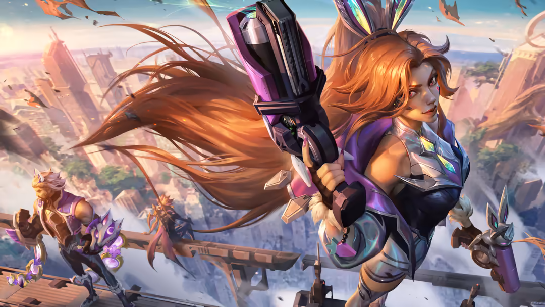 Animated character with flowing orange hair wielding a futuristic weapon in a vibrant fantasy landscape with floating islands
