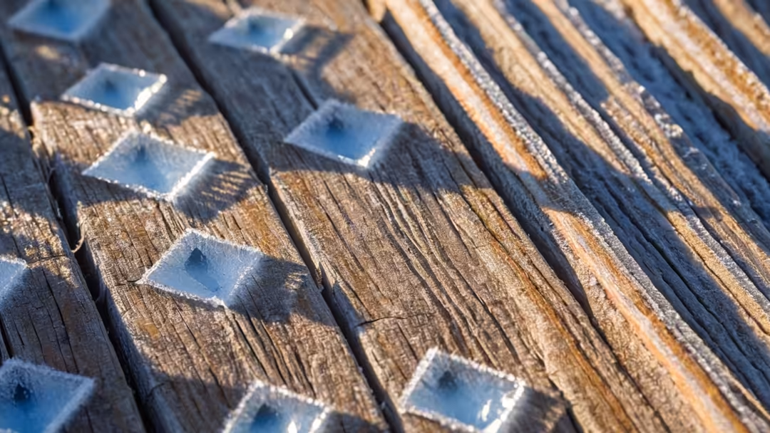 Close-up of weathered wooden planks with frost crystals and ice patches catching sunlight, revealing detailed wood grain text