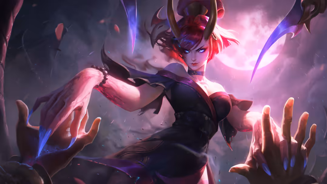Mystical character with pink hair and horns surrounded by glowing pink and purple magical energy and light effects