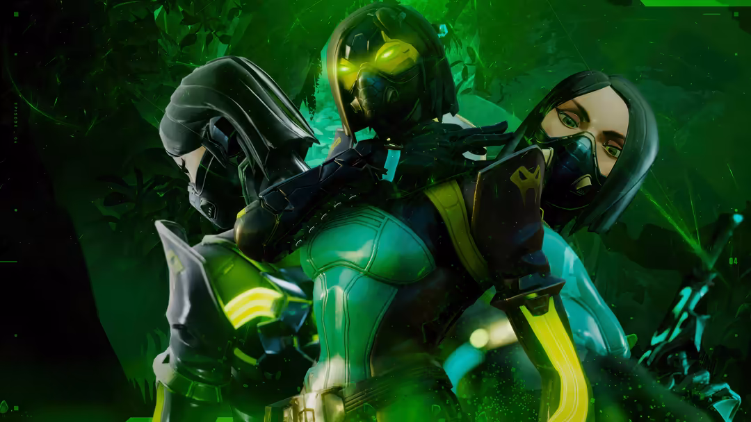 Viper agent from Valorant in neon green and yellow tactical gear with glowing visor and chemical vial equipment against dark