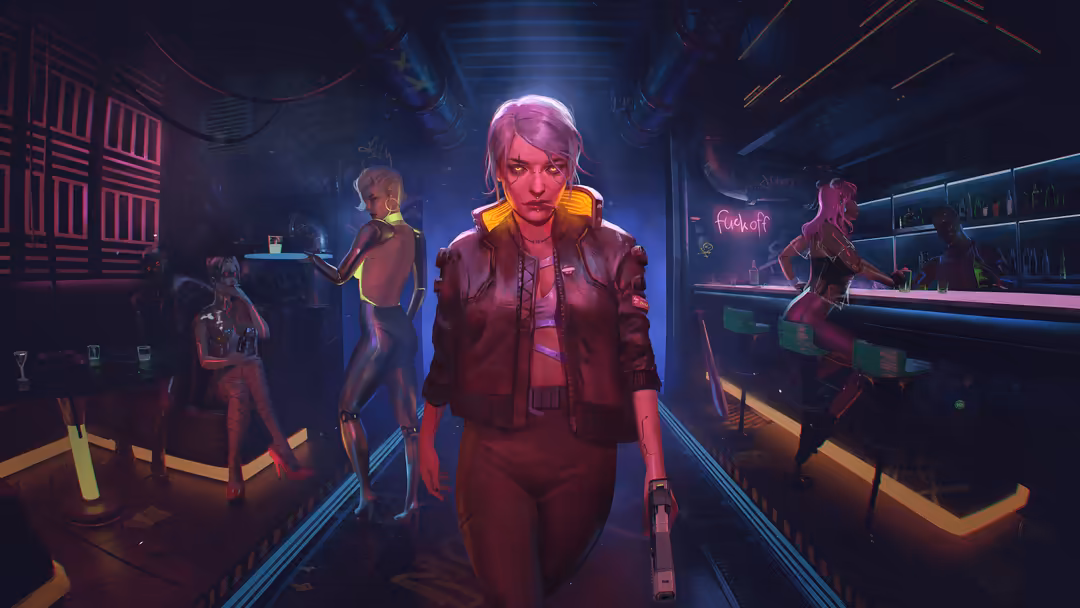 Cyberpunk character with pink hair in neon-lit futuristic bar, holding weapon, surrounded by other figures in glowing blue an