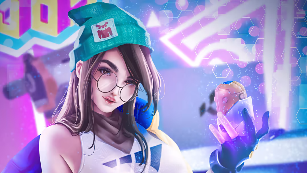 Anime-style character with turquoise cap and round glasses holding glowing tech device in neon cyberpunk environment with pur