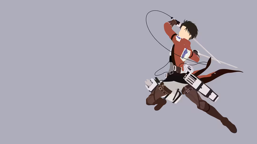 Levi Ackerman in red jacket wielding dual blades mid-action against gray background with dynamic pose