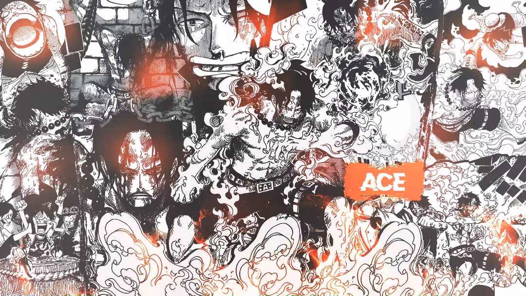Monkey D. Luffy surrounded by intricate black ink sketches and red flame accents, with ornate decorative patterns and the ACE