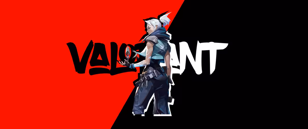 Valorant agent with white hair in tactical gear posed confidently against bold red and black geometric background with dramat