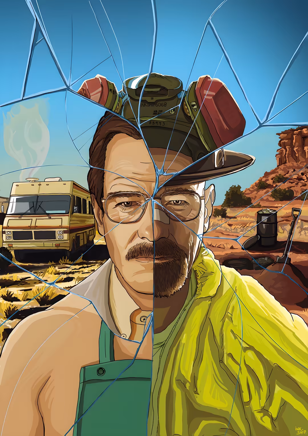Illustrated portrait of a man with glasses and mustache wearing yellow suit and green apron, set against desert landscape wit