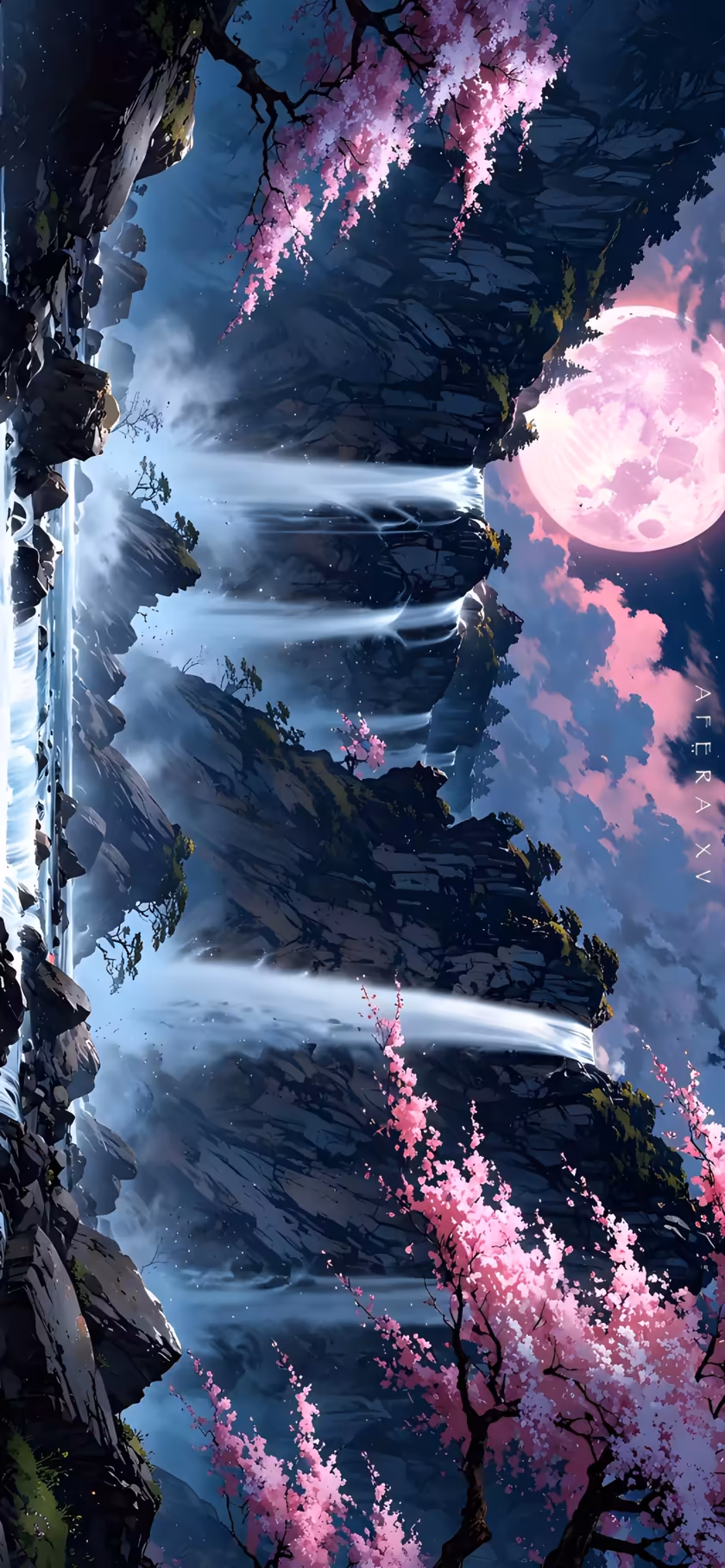 Pink Blossoms Mystical Mountain Waterfall