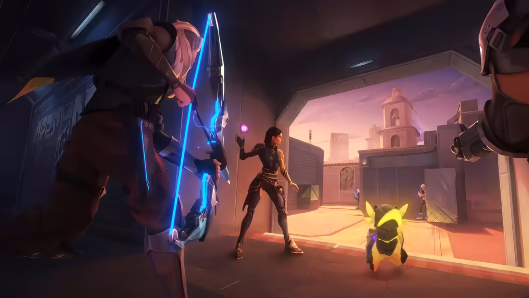 Valorant agents Sova and Reyna standing in a vibrant sunset-lit desert map environment with glowing neon accents and architec