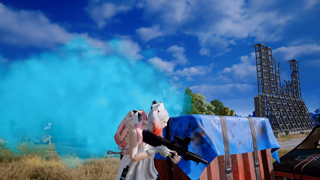 Anime character in tactical gear holding rifle with vibrant cyan smoke and industrial structures under blue sky in surreal ba