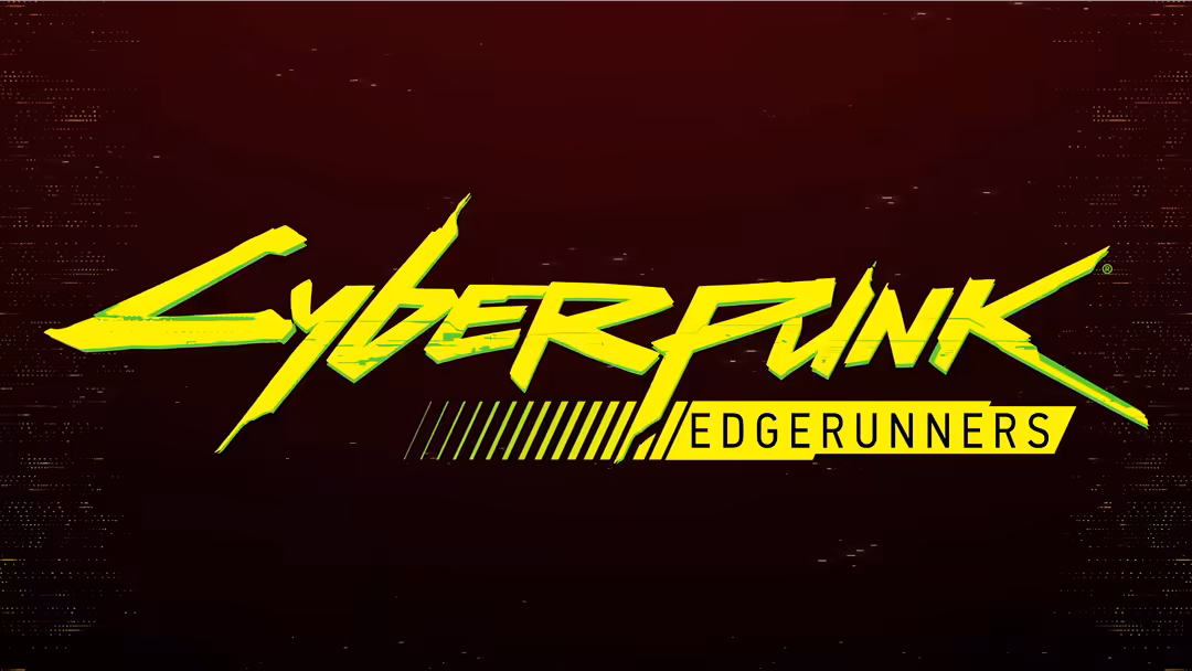 Bright neon yellow Cyberpunk Edgerunners logo with angular typography and diagonal slash lines on dark red background
