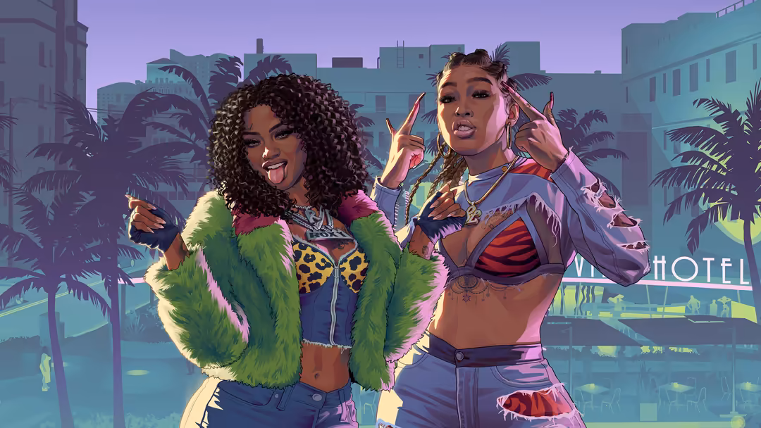 Two stylized female characters in vibrant neon colors against a futuristic hotel cityscape with palm trees and purple-blue gr