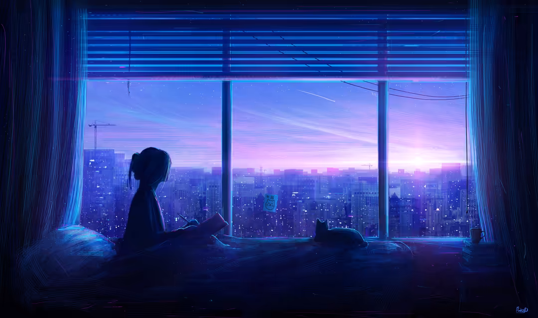 Girl Window City Neon Sunset — horizontal neon city 4K wallpaper