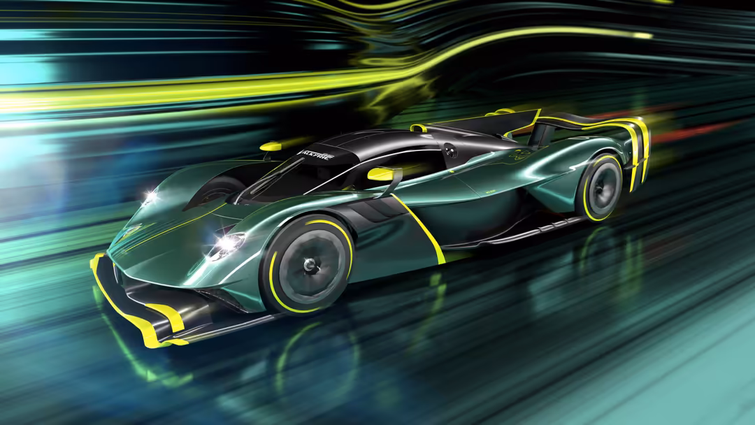 Green and black Aston Martin Valkyrie AMR Pro racing car with neon yellow accents speeding through motion blur