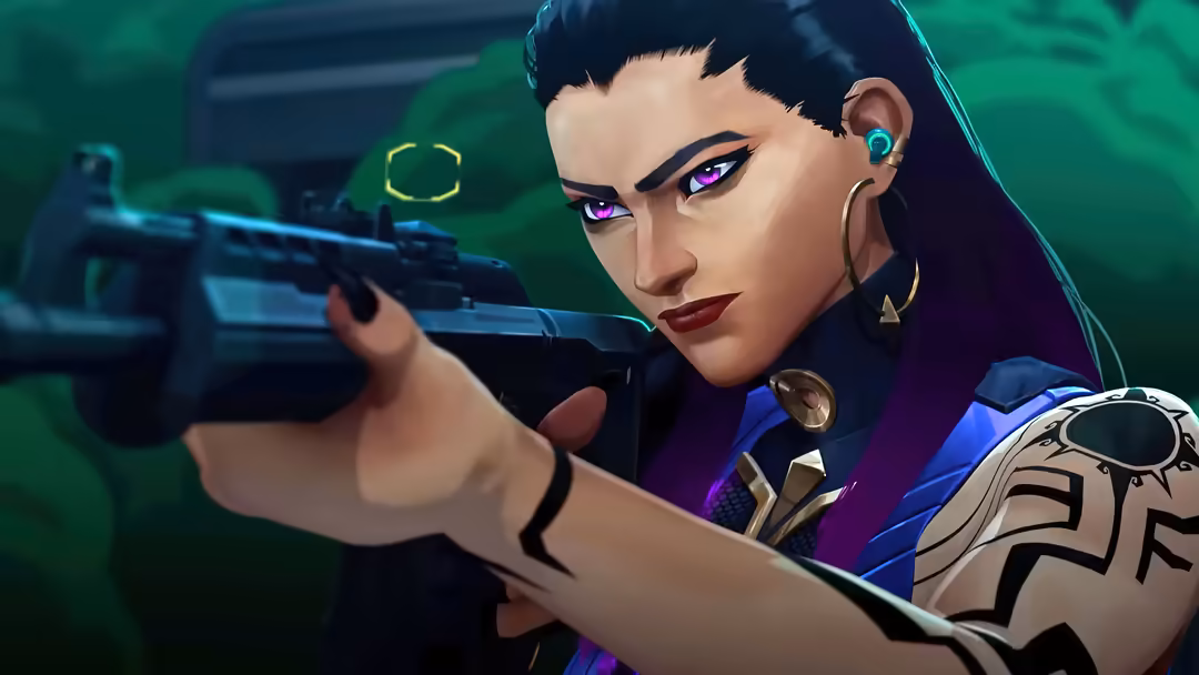 Reyna from Valorant aiming a tactical rifle with glowing purple eyes, neon green background, cyberpunk aesthetic tactical ope
