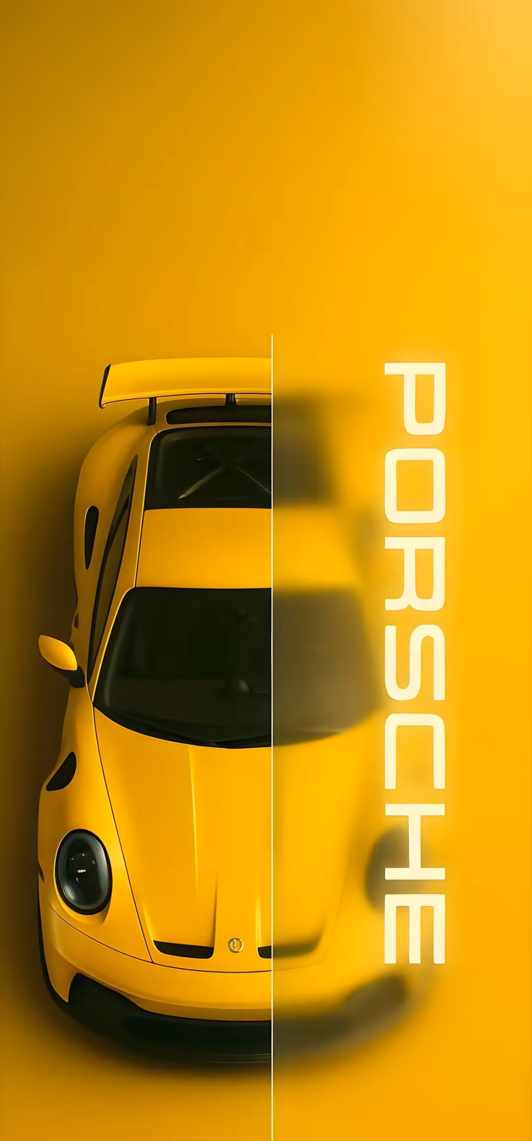 Bright yellow Porsche sports car photographed from above against a matching yellow background with white vertical line dividi