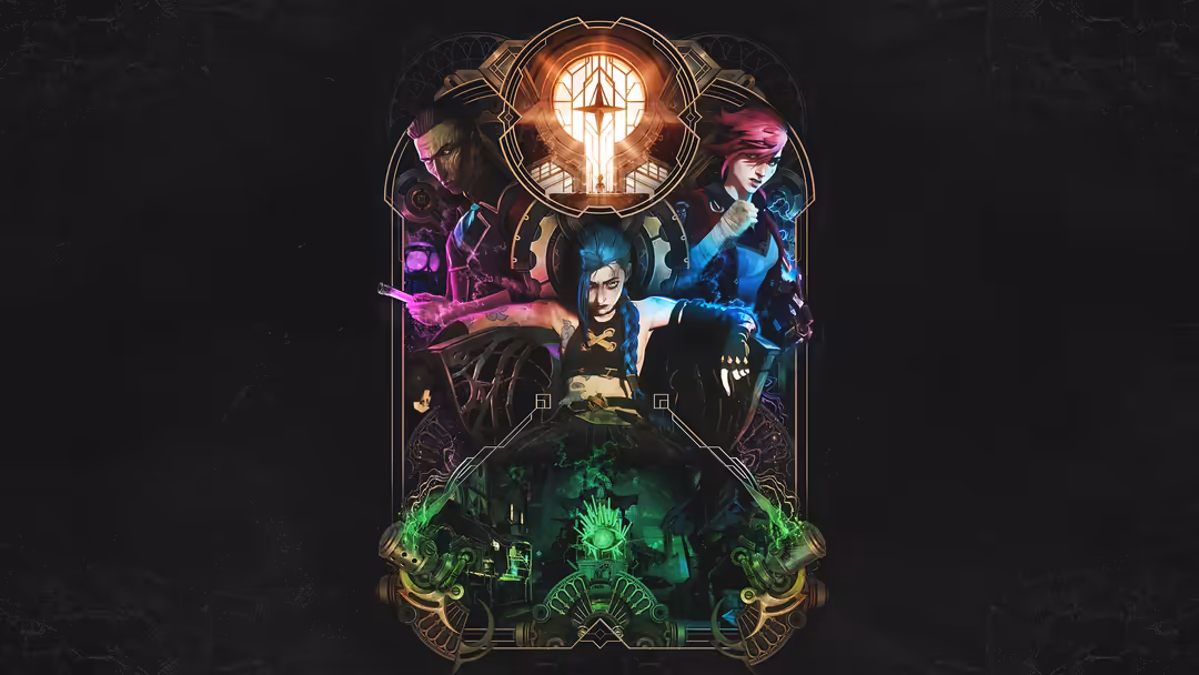 Fantasy characters with neon glow effects arranged in ornate frame with glowing cross at top and mystical green energy below