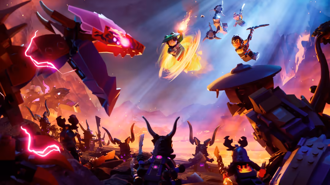 Colorful Fortnite battle scene with glowing neon characters and demons in a vibrant pink and blue sky with explosive action.