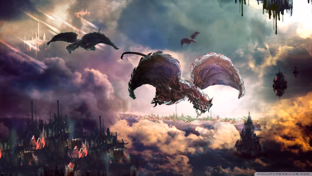 Massive armored dragons soaring above a dystopian cityscape with burning buildings, glowing red fires, and dramatic storm clo