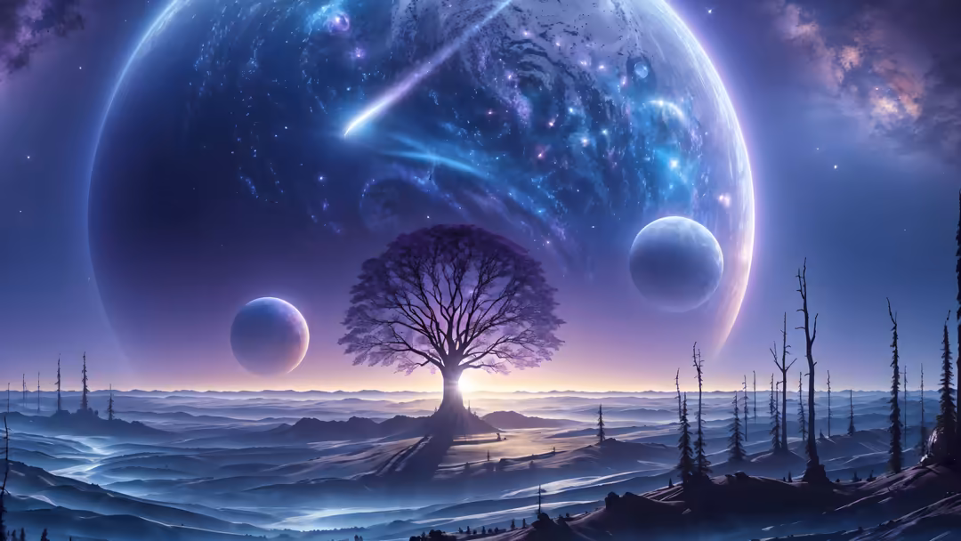 Surreal alien planet landscape featuring a glowing tree, floating spheres, cosmic sky with nebula and comet, dead forest tree