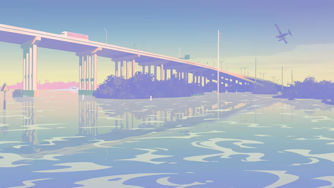 Futuristic highway overpass with neon purple and pink tones, reflecting in water below with wind turbines and aircraft in sky