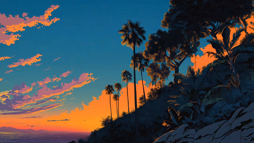 Tropical beach scene with silhouetted palm trees and lush vegetation against an orange and blue sunset sky with glowing cloud