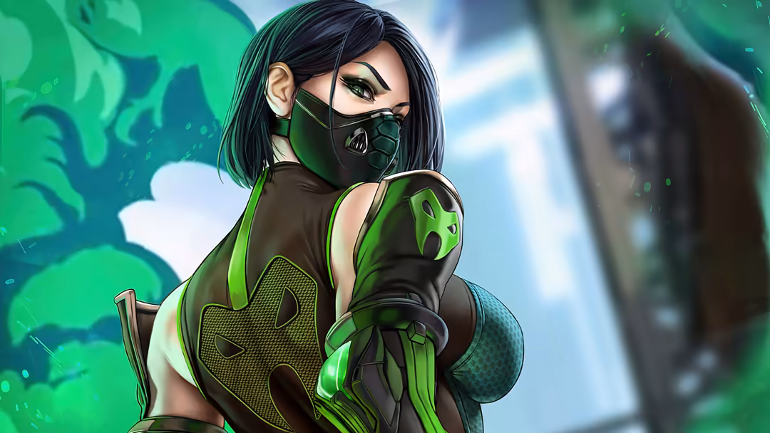 Tactical character Viper in green and black armor with face mask, neon glow effects, cyberpunk gaming art style