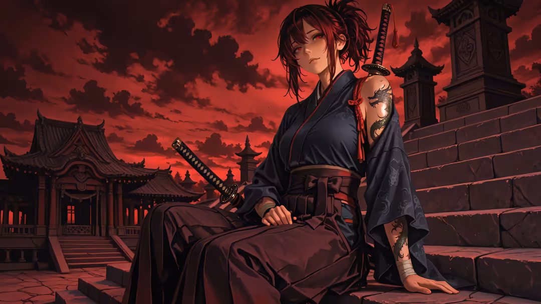 Anime warrior woman with katana standing before red sky and traditional Asian temple architecture with dramatic storm clouds