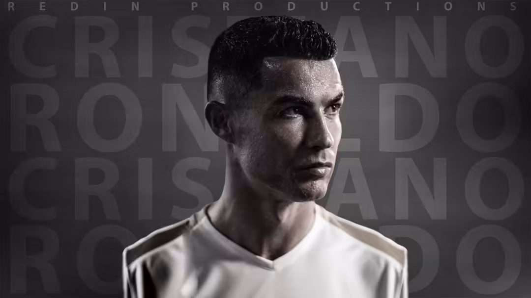 Cristiano Ronaldo in monochrome portrait wearing white shirt against dark textured background with repeated name typography o