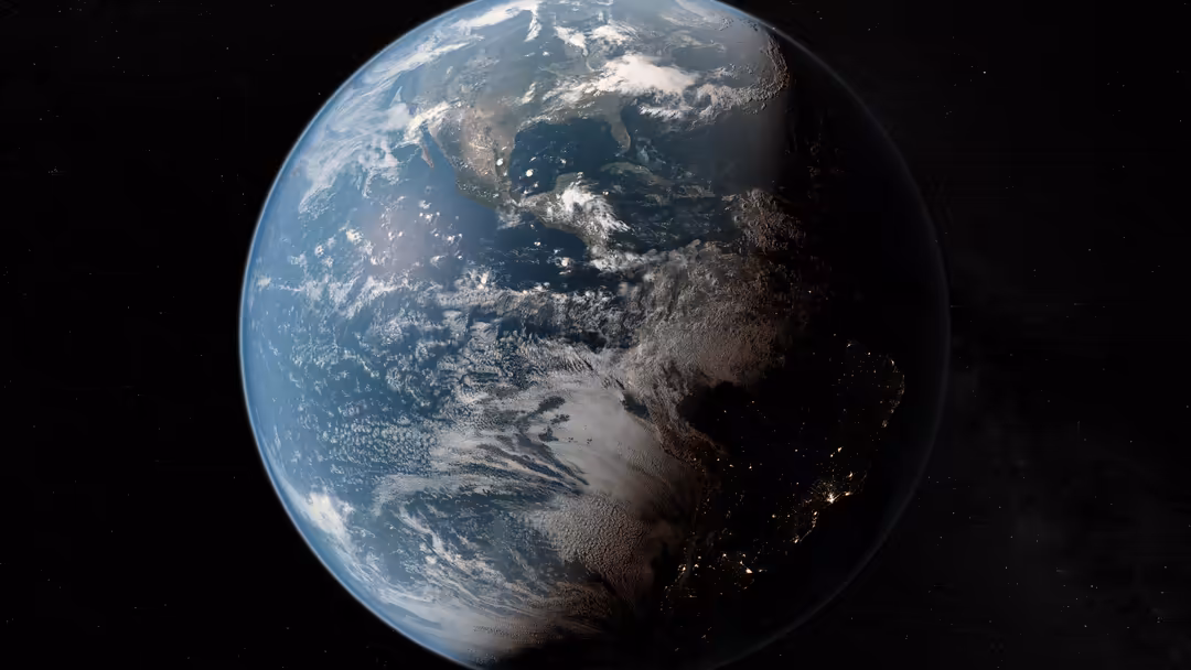 Planet Earth suspended in space showing illuminated city lights on the night side, swirling clouds, and continents against th