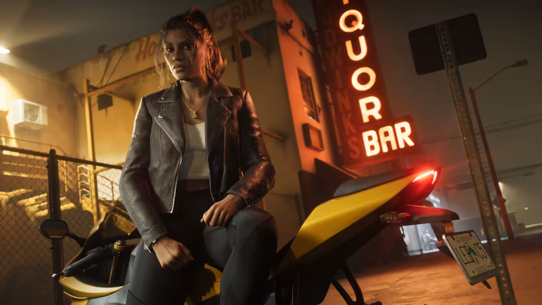Woman in leather jacket posing on motorcycle beneath glowing red neon bar sign in dystopian urban environment