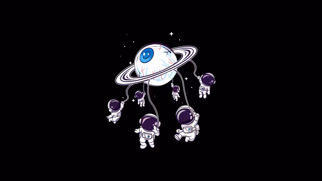 Cute astronauts floating around a ringed planet with blue eyes against a starry black space background with sparkles