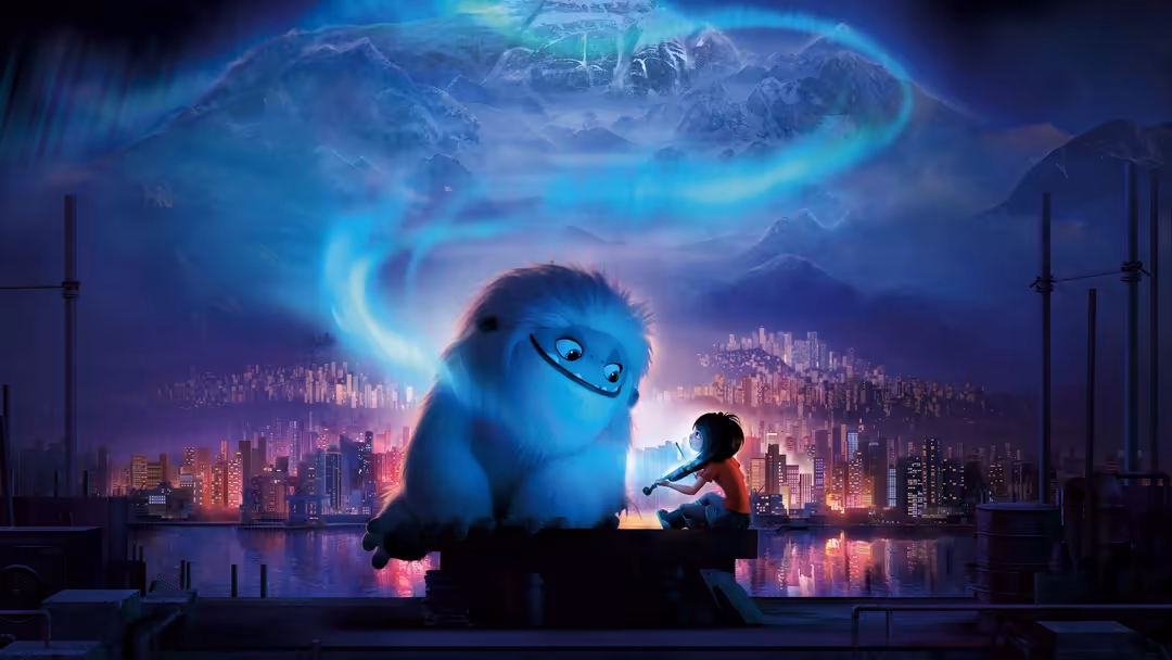 Cute glowing blue creature with happy expression sitting by futuristic cityscape with aurora lights and mountains in backgrou