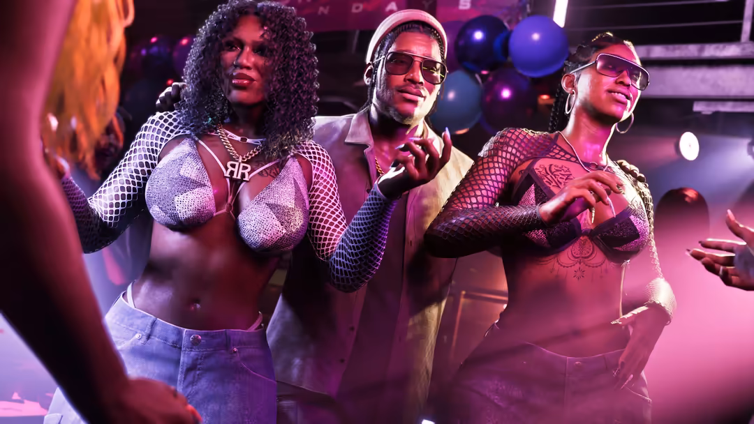 Three stylish characters in a vibrant neon-lit nightclub with purple and pink lighting, wearing sunglasses and fashionable ou