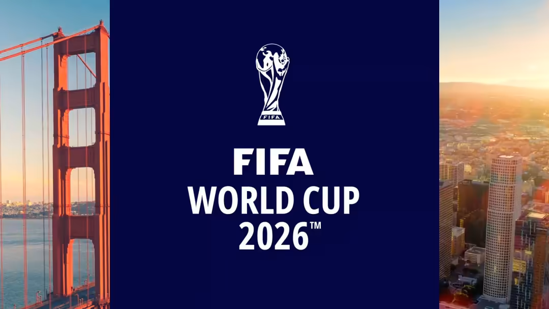 FIFA World Cup trophy logo centered on dark blue background with Golden Gate Bridge on left and San Francisco cityscape on ri