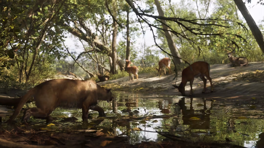 A herd of wild boars wades through a shallow forest stream surrounded by lush green trees and dappled sunlight filtering thro