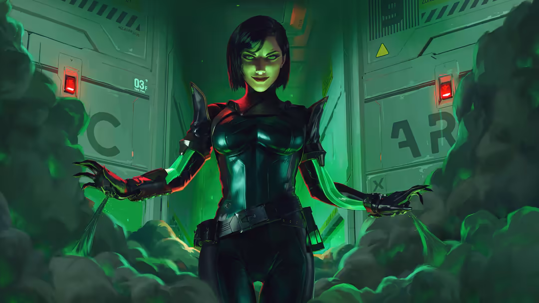 Viper from Valorant in sleek black suit with glowing green neon effects, surrounded by green smoke in a futuristic facility
