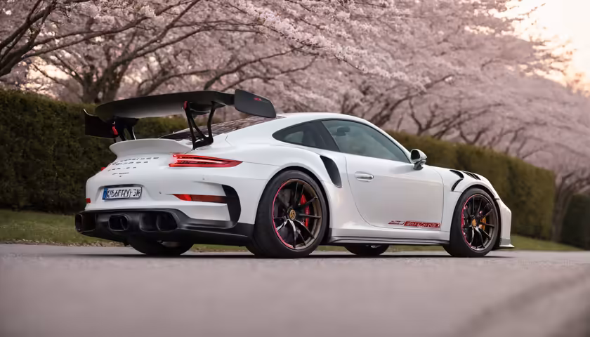White Sports Car Cherry Blossoms