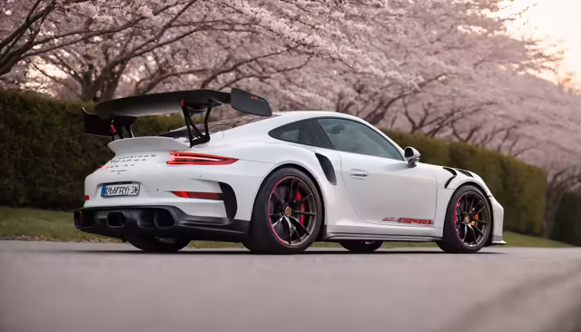 White Sports Car Cherry Blossoms