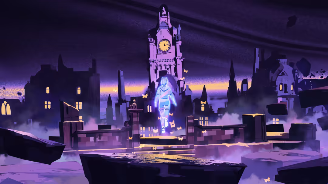 Ethereal glowing ghost character Clove from Valorant floating above a mystical purple-lit city with clock tower and Gothic ar