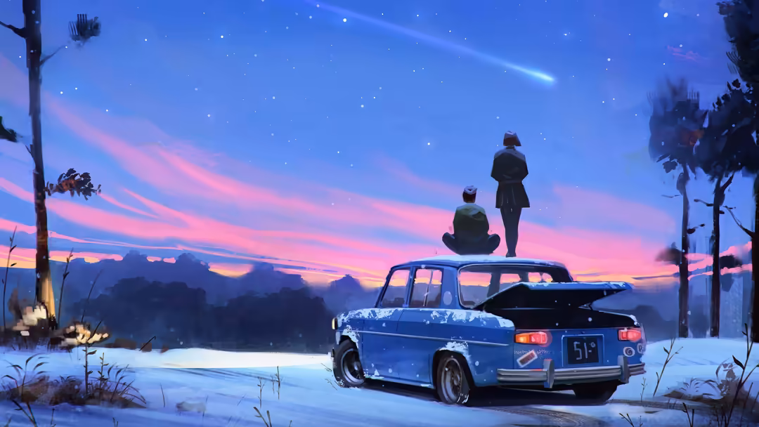Two friends standing on top of a blue vintage car under a starry night sky with pink and purple sunset clouds and a comet str